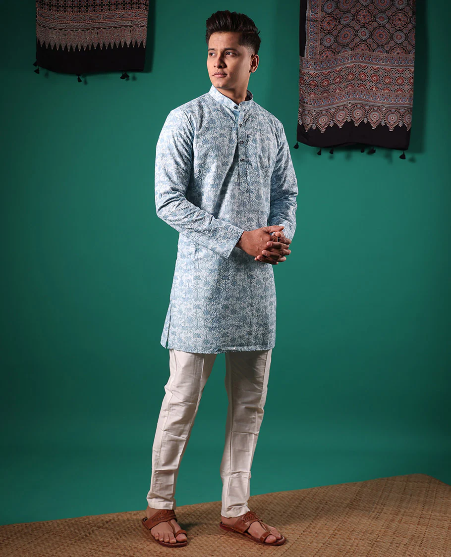 Baby blue crushed textured with tropical floral printed full-sleeved men's kurta - Image 3