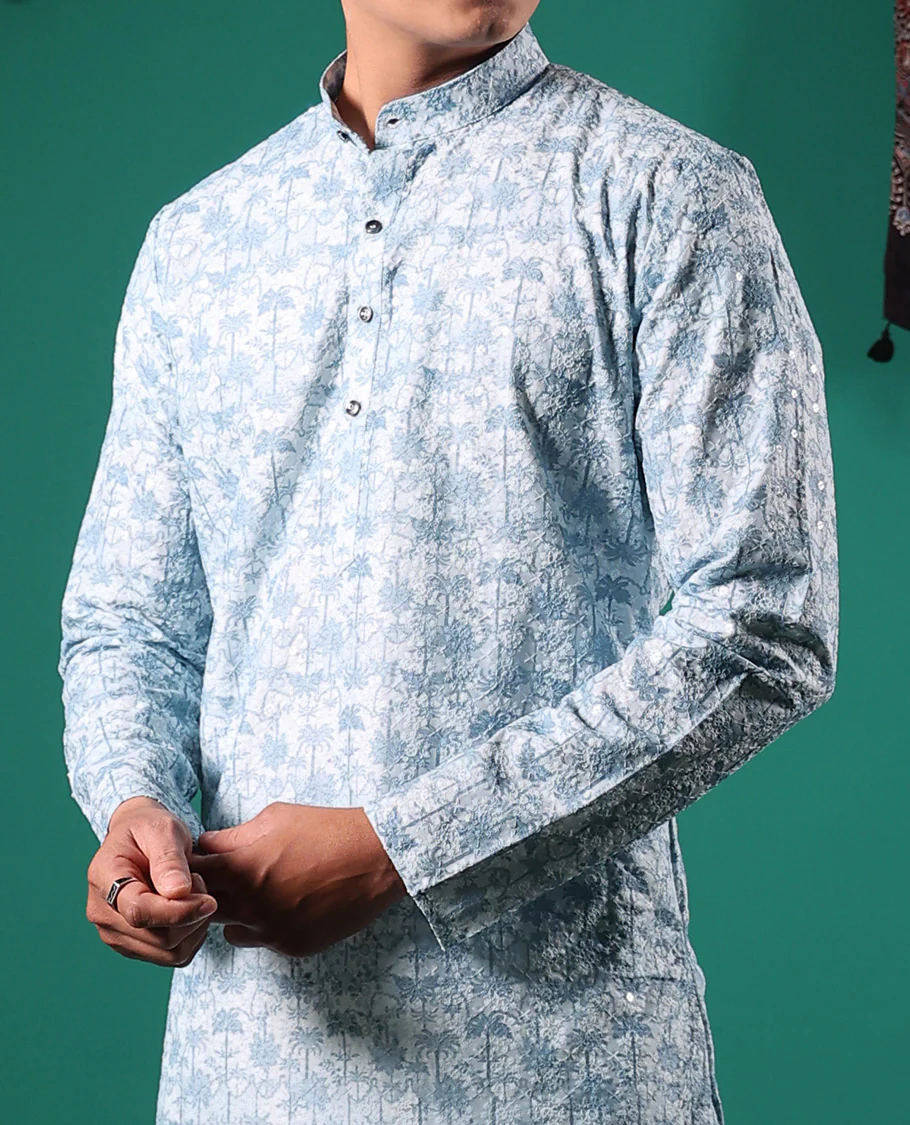 Baby blue crushed textured with tropical floral printed full-sleeved men's kurta - Image 4