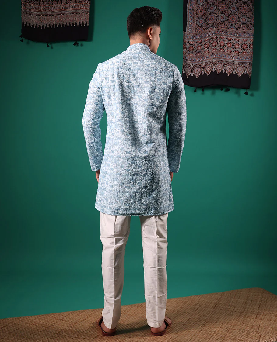 Baby blue crushed textured with tropical floral printed full-sleeved men's kurta - Image 5