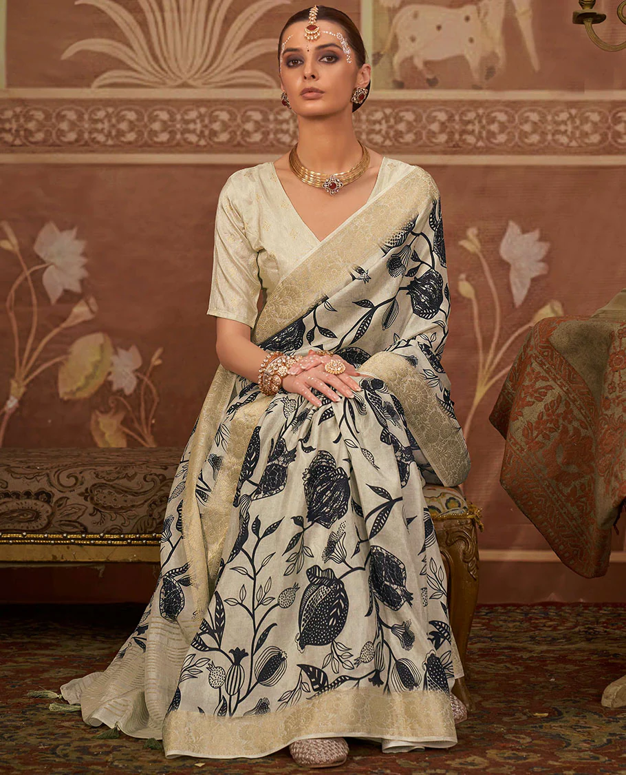Beige floral vine printed designer saree, floral creeper zari border, and zari striped pallu - Image 2