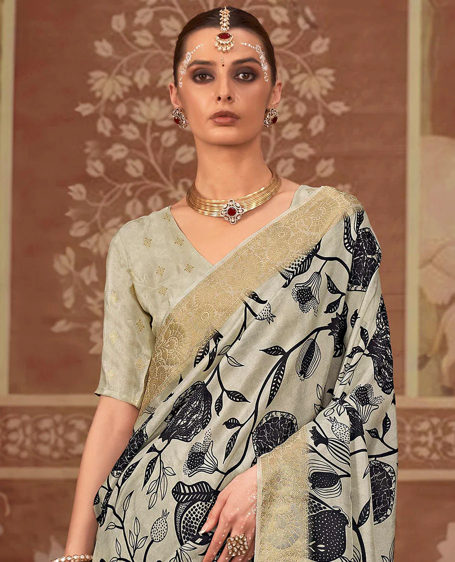 Beige floral vine printed designer saree, floral creeper zari border, and zari striped pallu - Image 3
