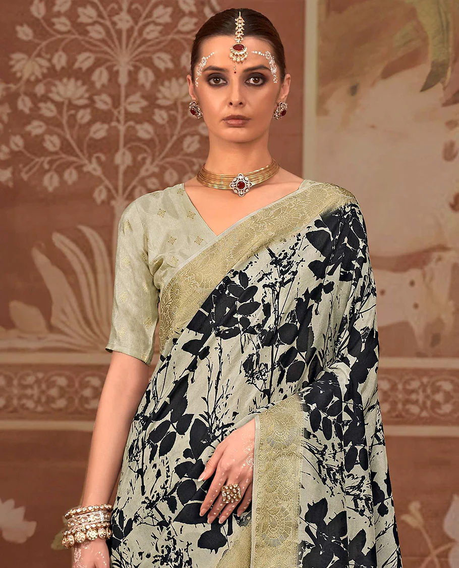 Beige leaf printed designer saree, floral creeper zari border, and zari striped pallu - Image 2