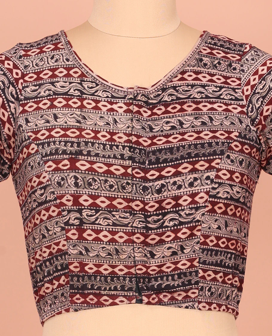Black and Maroon Cotton Readymade Blouse Detailed with All-Over Geometric Motifs Print, Front Round Neck, Back Round Neck, and Elbow Sleeves - Image 3