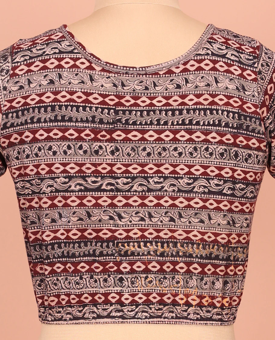 Black and Maroon Cotton Readymade Blouse Detailed with All-Over Geometric Motifs Print, Front Round Neck, Back Round Neck, and Elbow Sleeves - Image 4