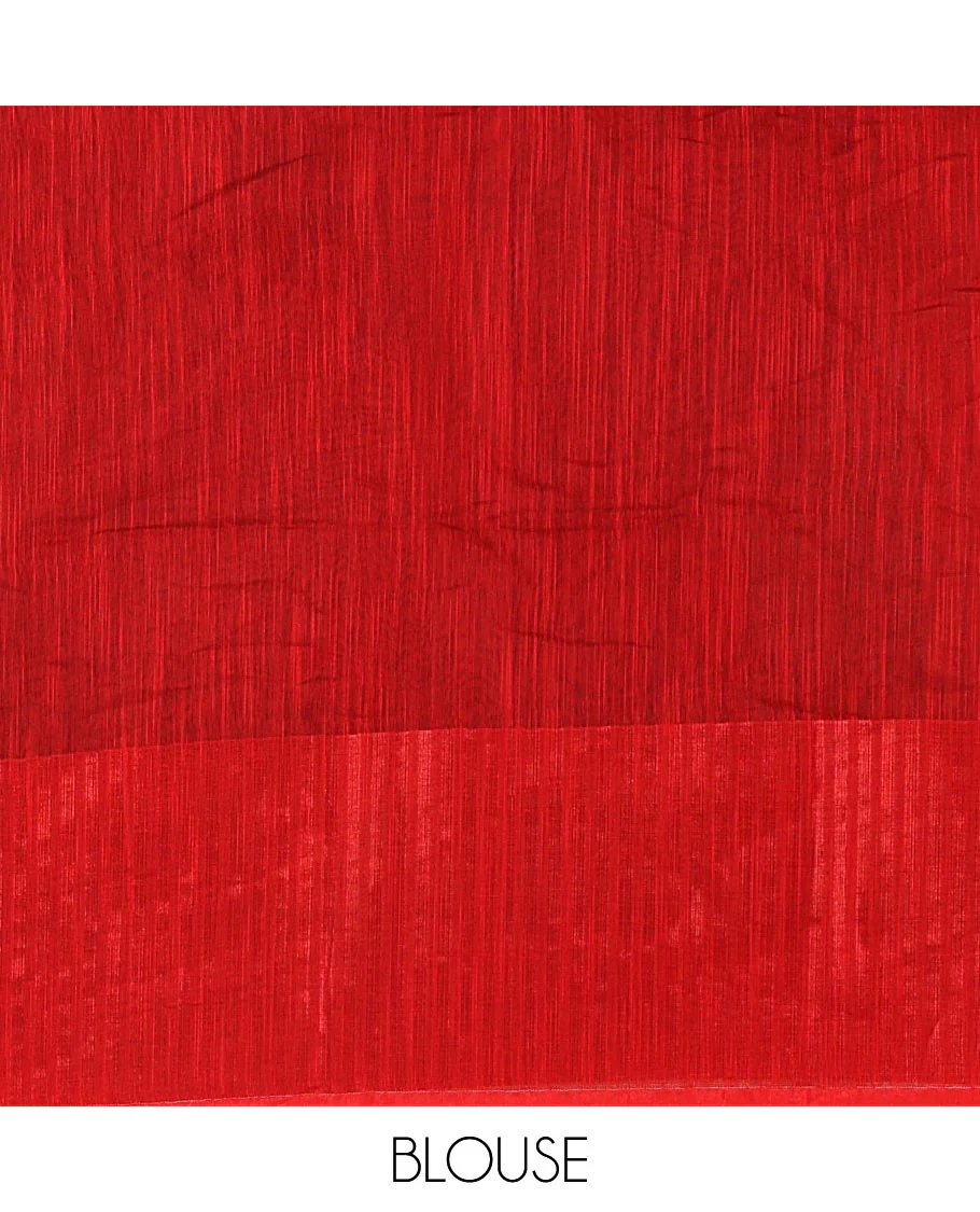 Black and red plain khadi mul cotton saree, contrast thread temple border, plain pallu, and a contrast plain blouse - Image 4
