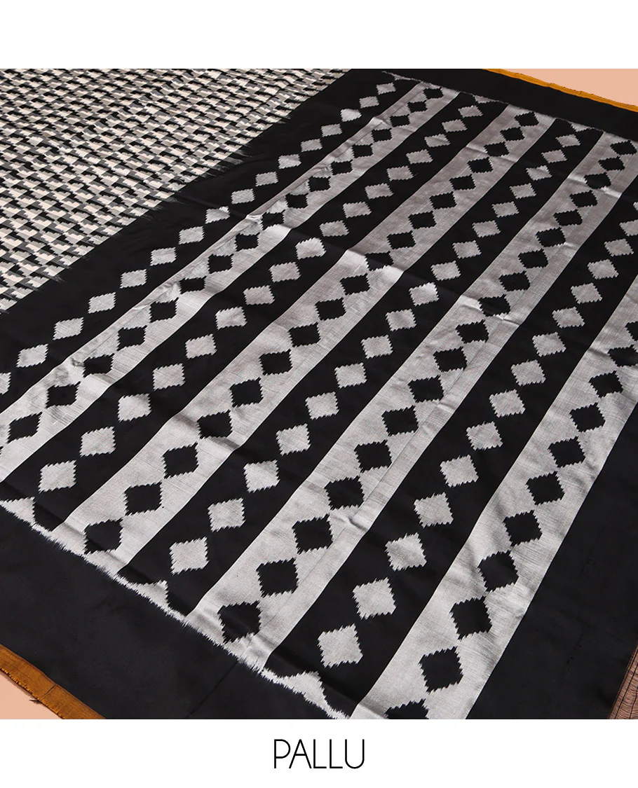 Black and White Pochampally Ikat Silk Saree, Spotlighted with Geometric Patterns on Its Body, Complemented by Contrast Border, Pallu of Diamond Patterns, and Paired with a Contrast Blouse - Image 5