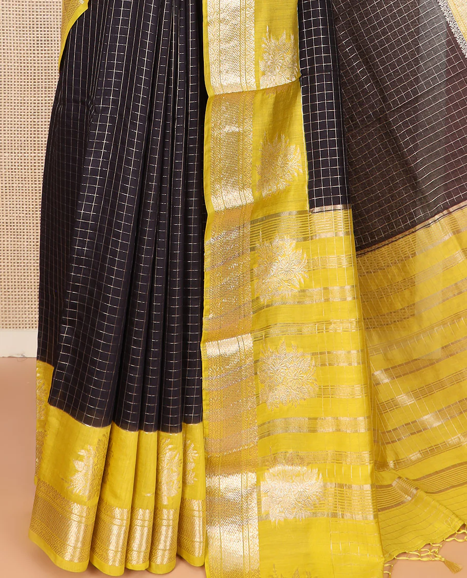 Black Assam Silk Saree Subtly Sparkled with Zari Checks, Complemented by Contrast Traditional Zari Border of Floral Designs, a Captivating Pallu of Zari Stripes, and Paired with a Contrast Blouse - Image 3