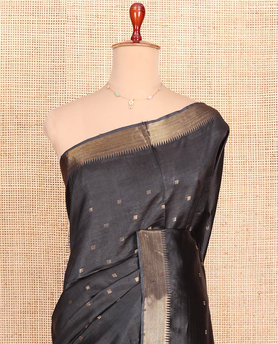 Black Banana Pith Saree Finely Crafted with Zari Buttas, Artfully Detailed Border with Zari Designs, Subtle Pallu of Zari Designs, and Paired with a Matching Blouse - Image 2