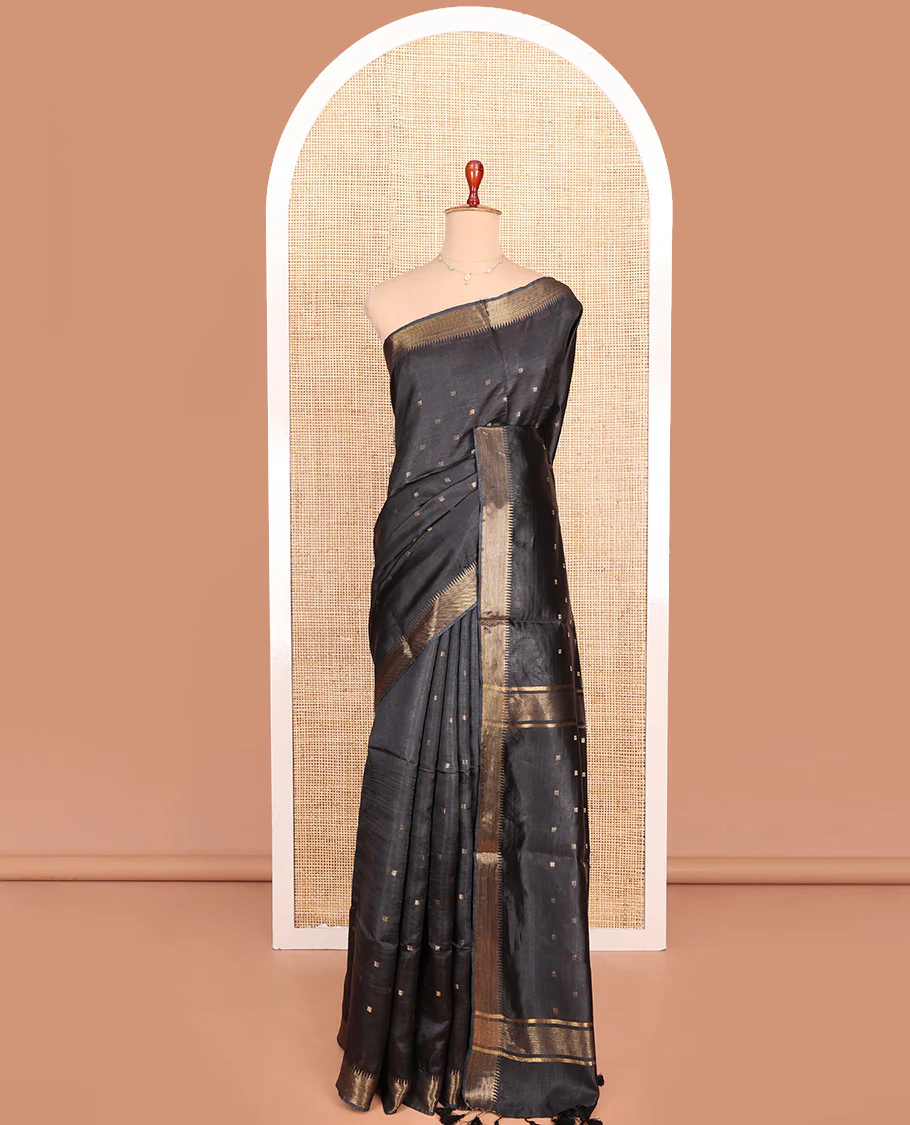 Black Banana Pith Saree Finely Crafted with Zari Buttas, Artfully Detailed Border with Zari Designs, Subtle Pallu of Zari Designs, and Paired with a Matching Blouse - Image 3