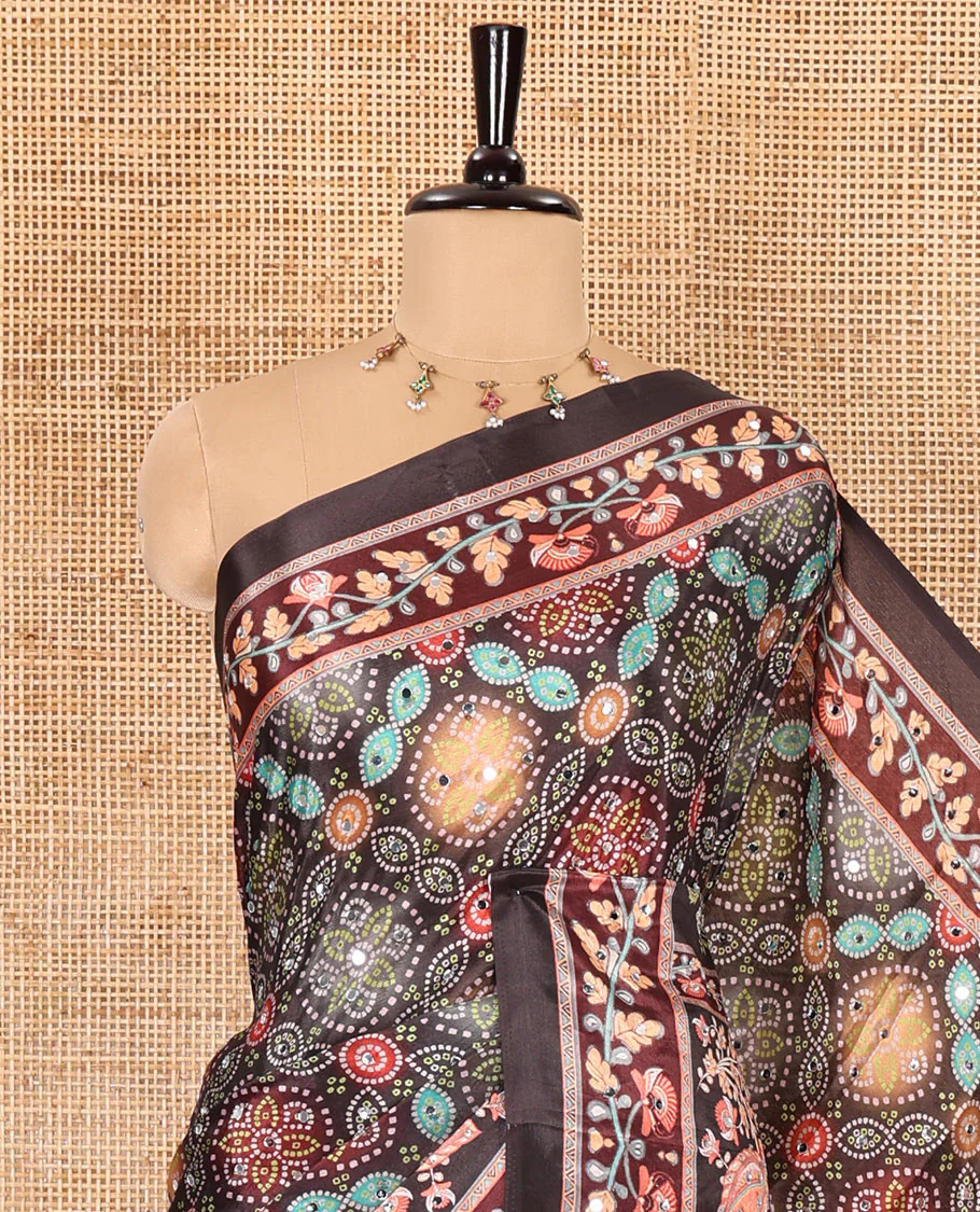 Black bandhani printed and mirror work masakali saree, floral creeper printed border, pallu of floral-peacock print, and a matching blouse - Image 2