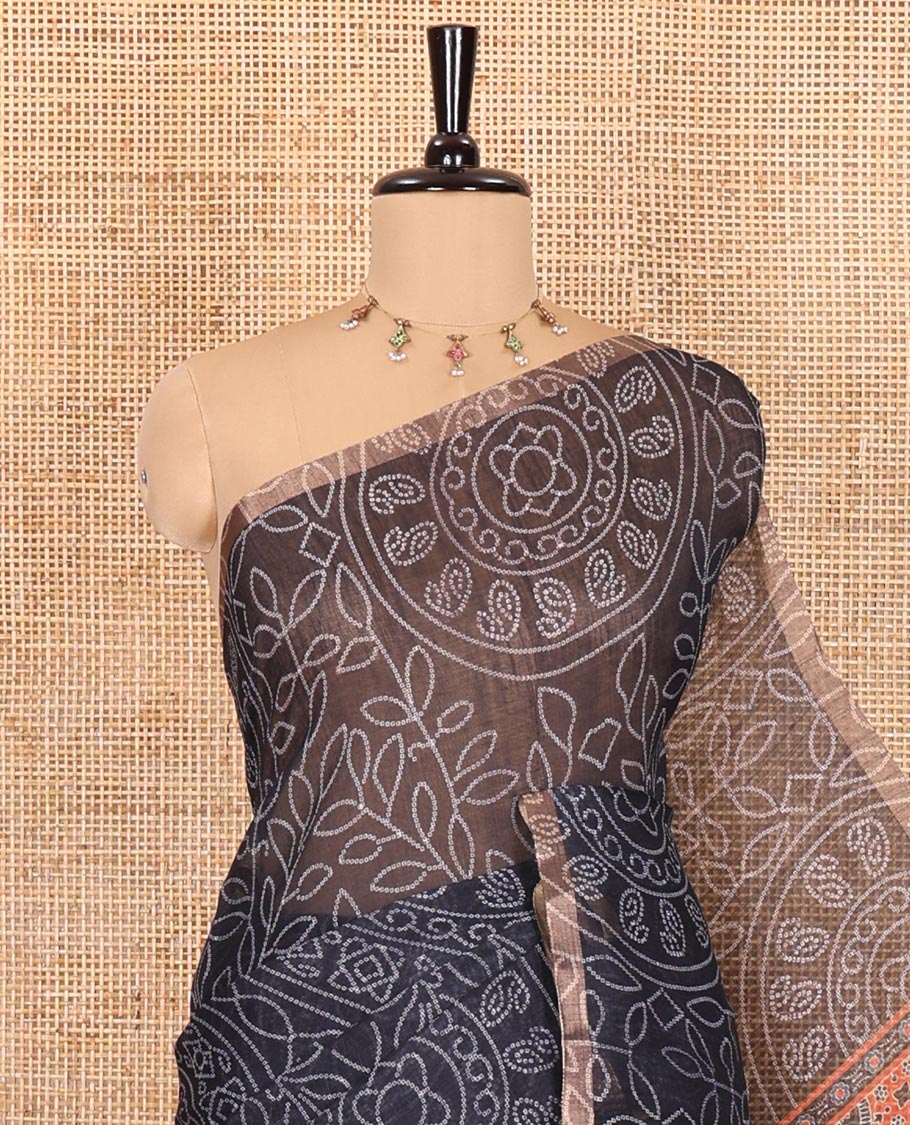 Black bandhani-style floral and chakra printed saree, zari piping border, contrast ajrakh printed pallu, and contrast ajrakh printed blouse - Image 2