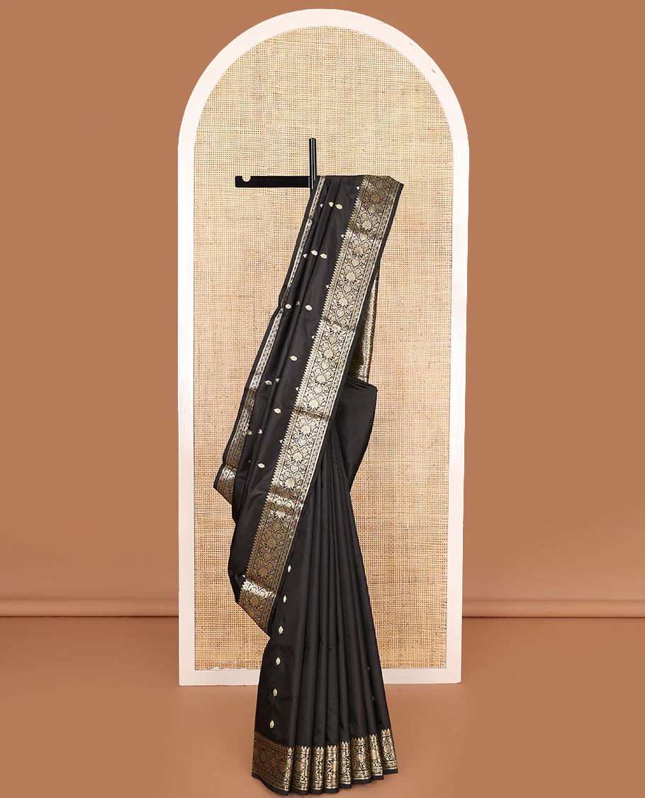 Black buttas kathan silk saree, traditional zari design border, and floral jaal pallu