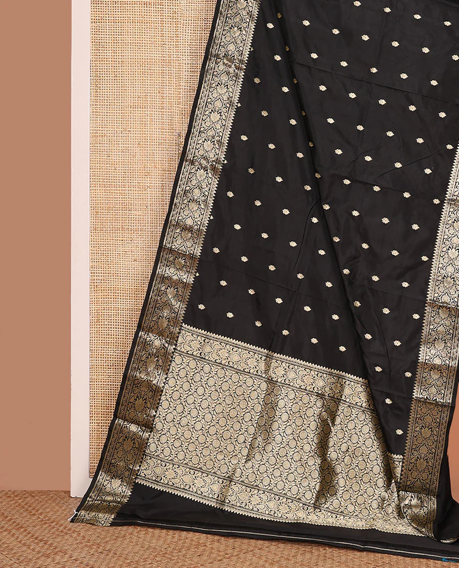 Black buttas kathan silk saree, traditional zari design border, and floral jaal pallu - Image 3