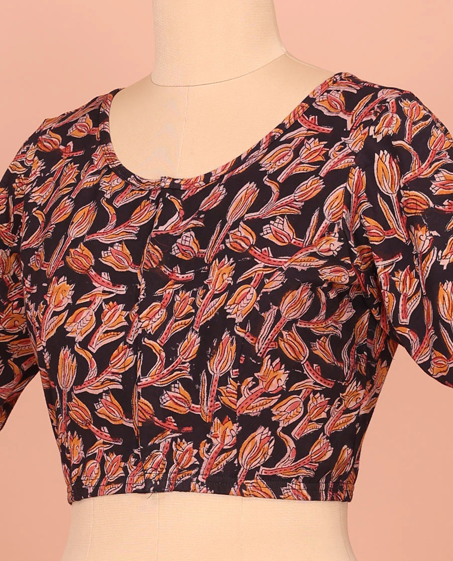 Black Cotton Readymade Blouse Accentuated with All-Over Floral Motifs Print, Featuring a Front Round-Neck, a Back Round-Neck, and Elbow Sleeves - Image 4