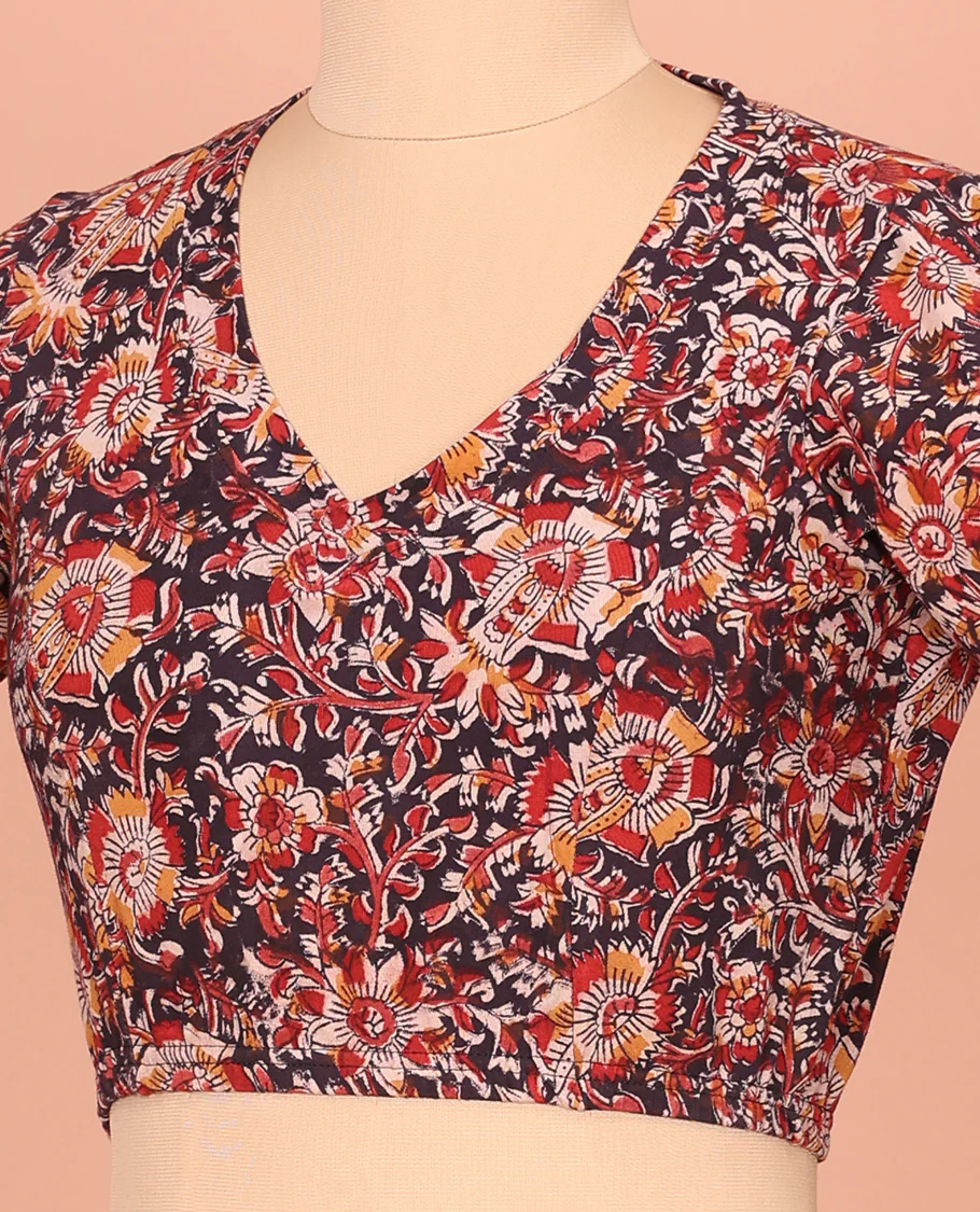 Black Cotton Readymade Blouse Accentuated with All-Over Floral Print, Front V-Neck, Back Closed Neck, and Elbow Sleeves - Image 2