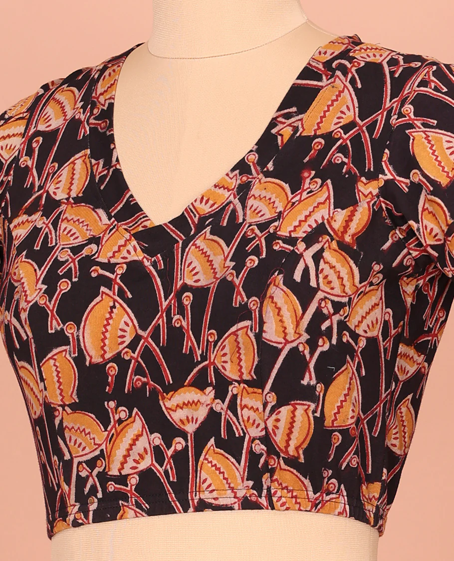 Black Cotton Readymade Blouse Artfully Detailed with All-Over Floral Motifs Print, Front V-Neck, Back Closed Neck, and Elbow Sleeves - Image 3