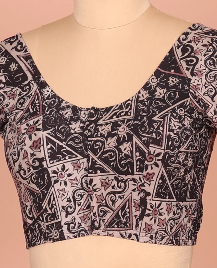 Black Cotton Readymade Blouse Bedecked with All-Over Floral-Geometric Print, Featuring a Front Round-Neck, a Back Round-Neck, and Elbow Sleeves - Image 2