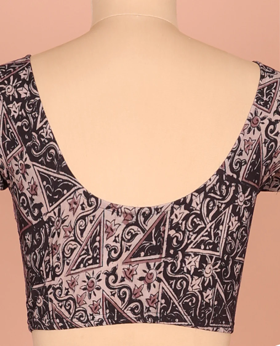 Black Cotton Readymade Blouse Bedecked with All-Over Floral-Geometric Print, Featuring a Front Round-Neck, a Back Round-Neck, and Elbow Sleeves - Image 3