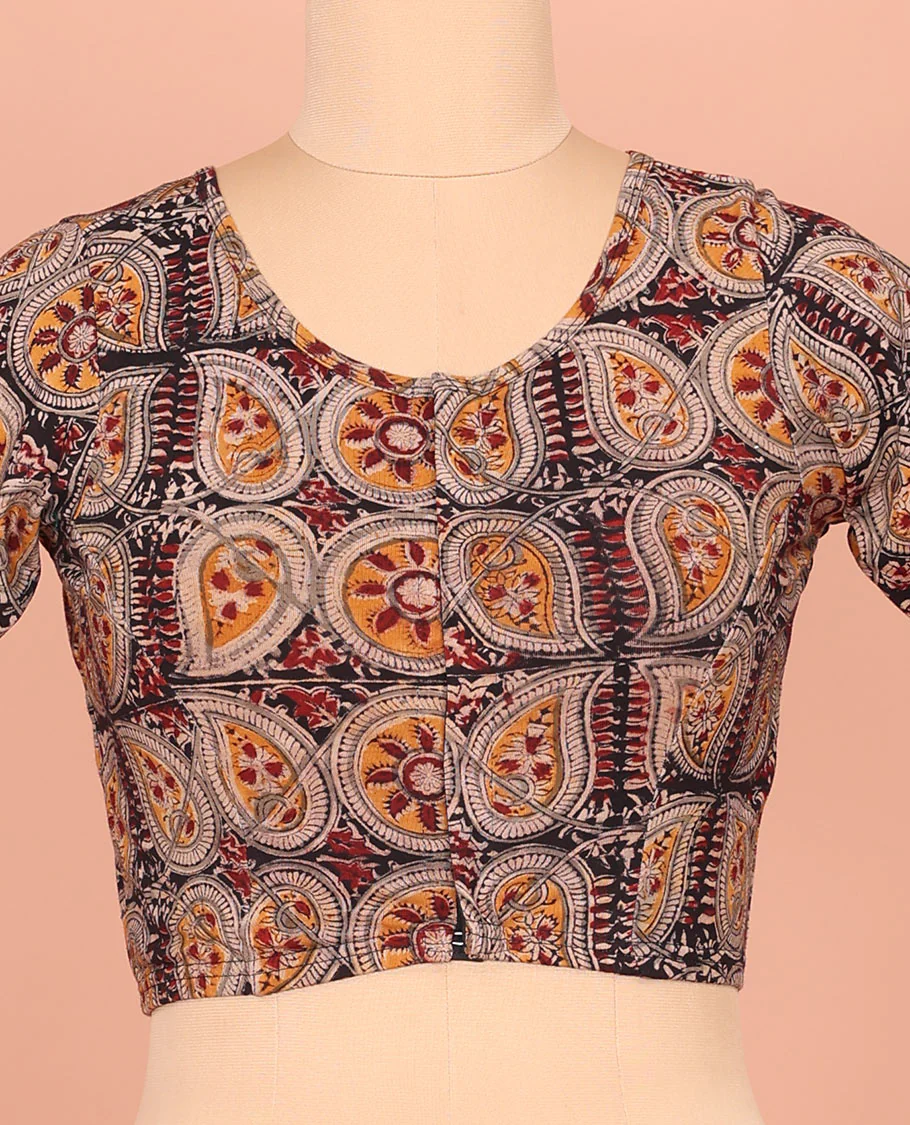 Black Cotton Readymade Blouse Detailed with Chakram and Paisley Vine Print, Featuring a Front V-Neck, a Closed Back Neck, and Elbow Sleeves - Image 2