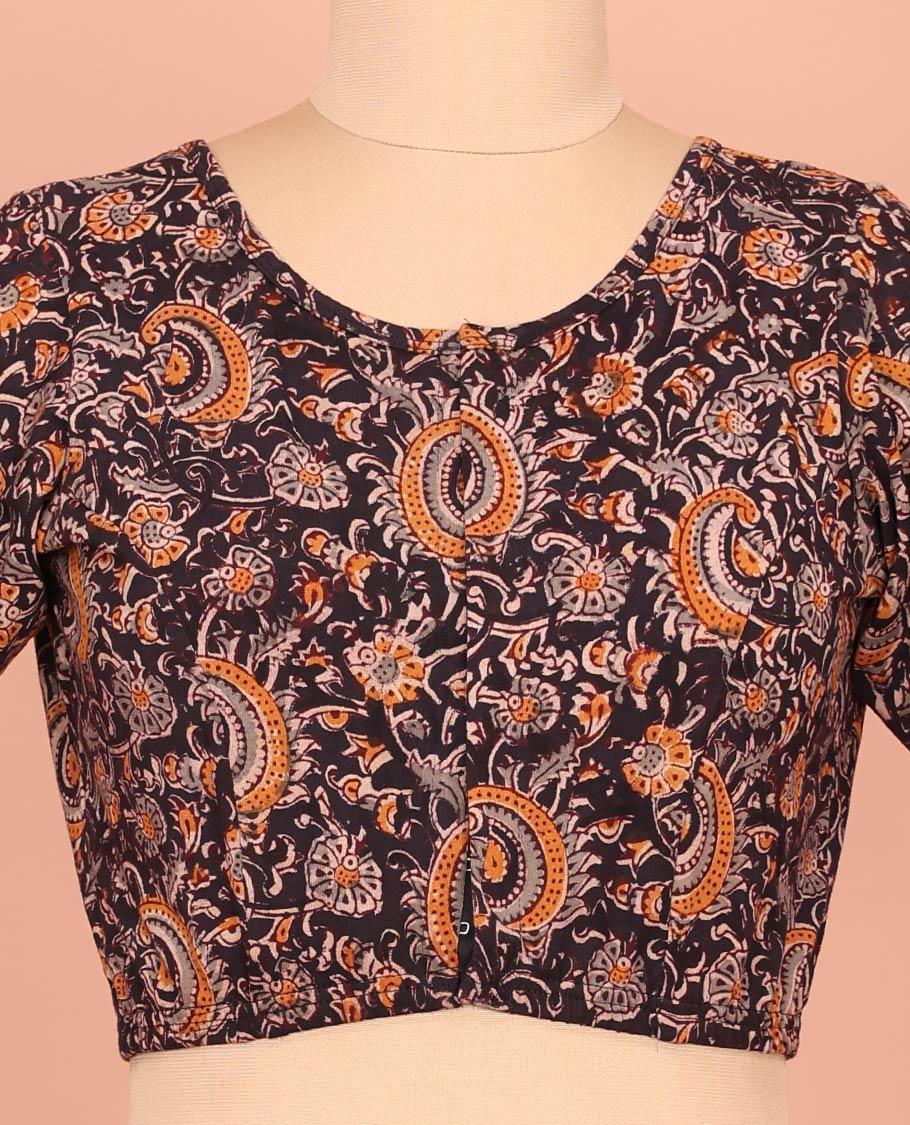 Black Cotton Readymade Blouse Elegantly Framed with All-Over Floral and Paisley Print, Featuring a Front Round-Neck, a Closed Back Neck, and Elbow Sleeves - Image 2