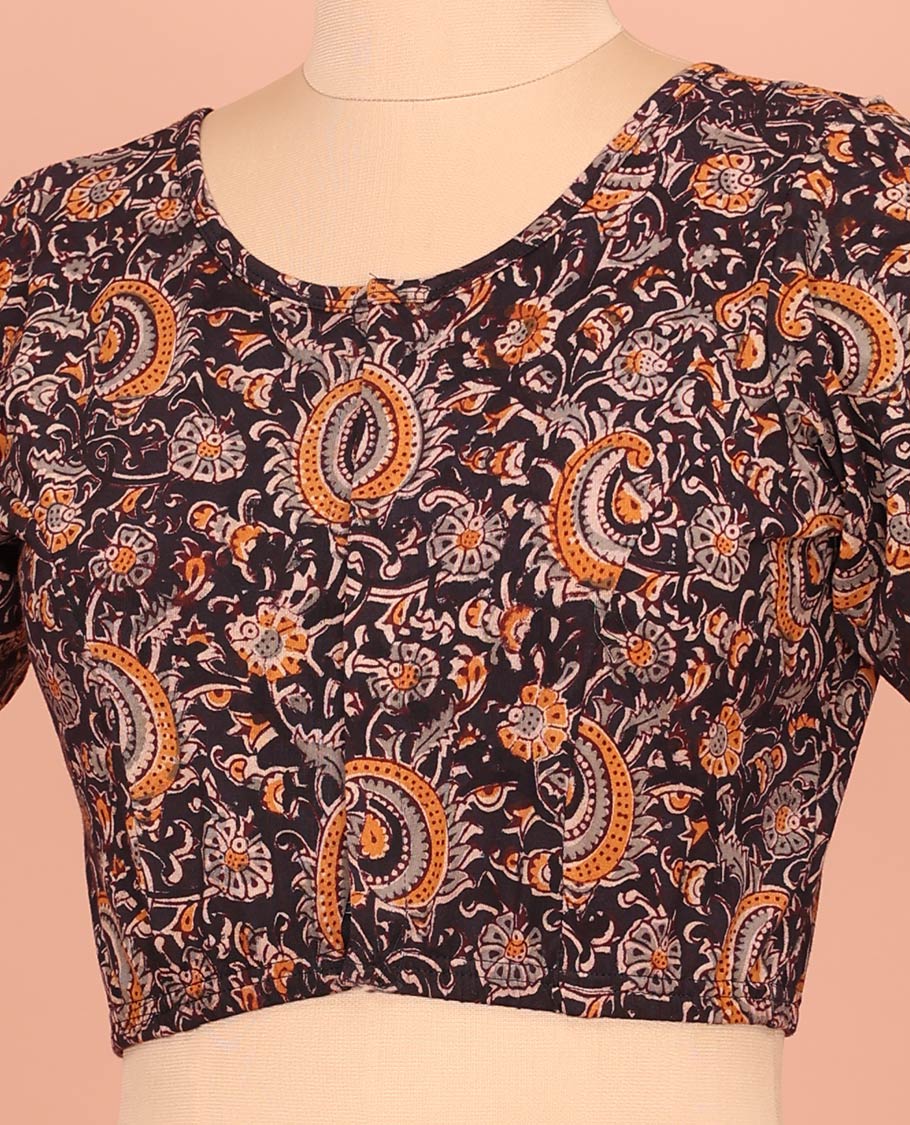 Black Cotton Readymade Blouse Elegantly Framed with All-Over Floral and Paisley Print, Featuring a Front Round-Neck, a Closed Back Neck, and Elbow Sleeves - Image 3