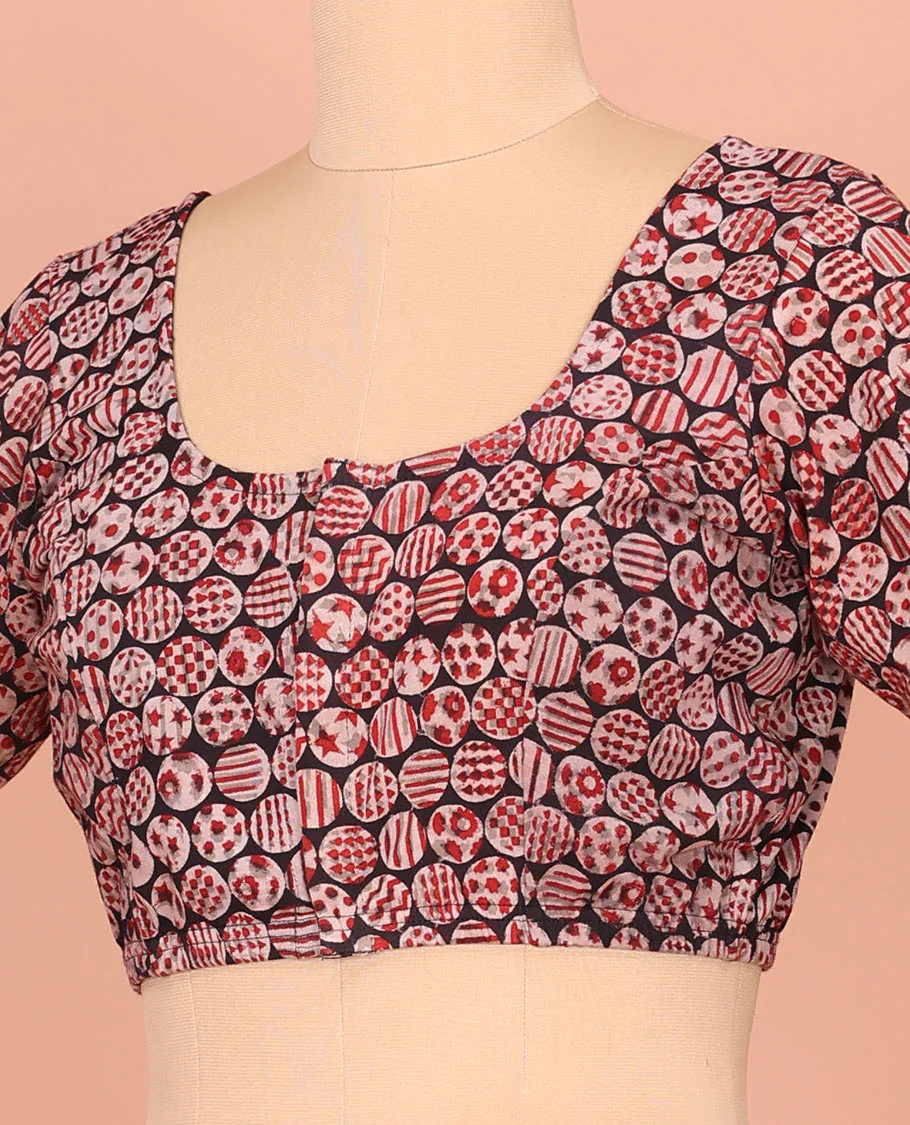 Black Cotton Readymade Blouse Embellished with All-Over Geometric Motifs Print, Featuring a Front Round-Neck, a Back Round-Neck, and Elbow Sleeves - Image 3