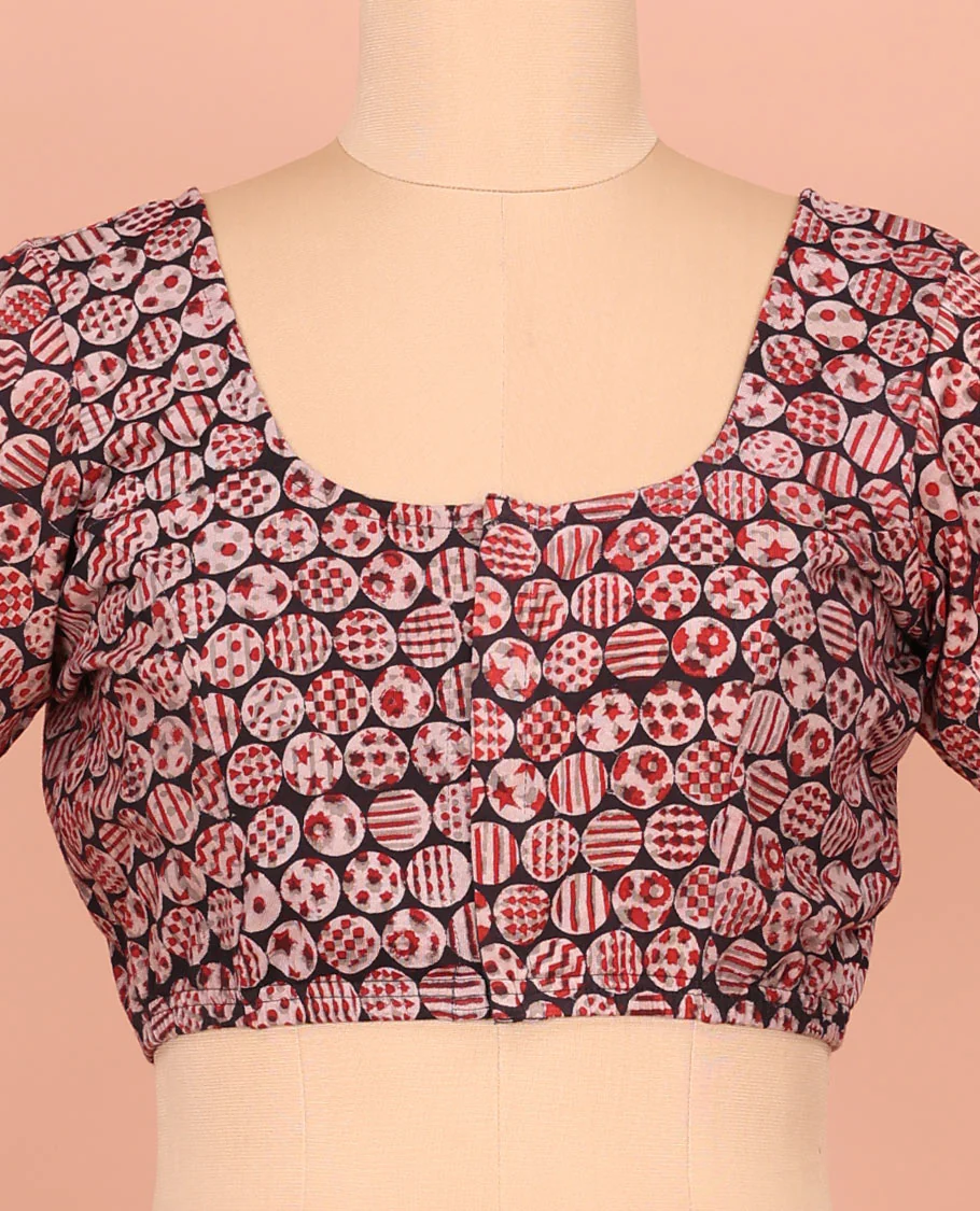 Black Cotton Readymade Blouse Embellished with All-Over Geometric Motifs Print, Featuring a Front Round-Neck, a Back Round-Neck, and Elbow Sleeves - Image 4