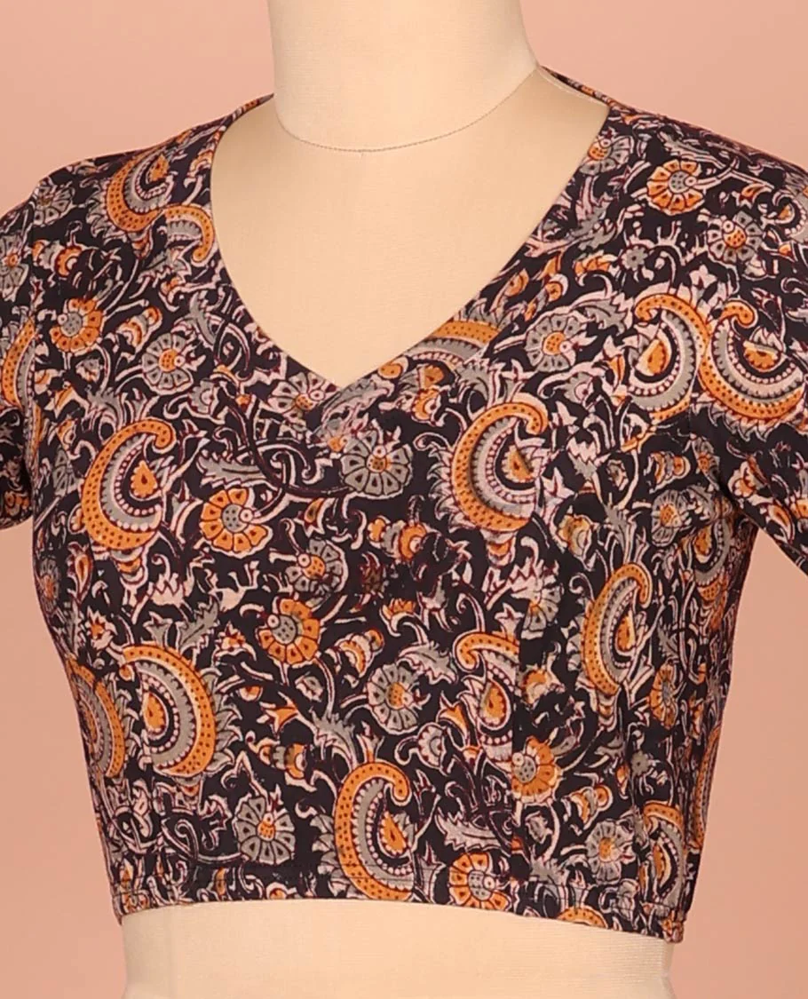 Black Cotton Readymade Blouse Enthralled with All-Over Floral and Paisley Theme Print, Featuring a Front Leaf-Neck, a Closed Back Neck, and Elbow Sleeves - Image 2