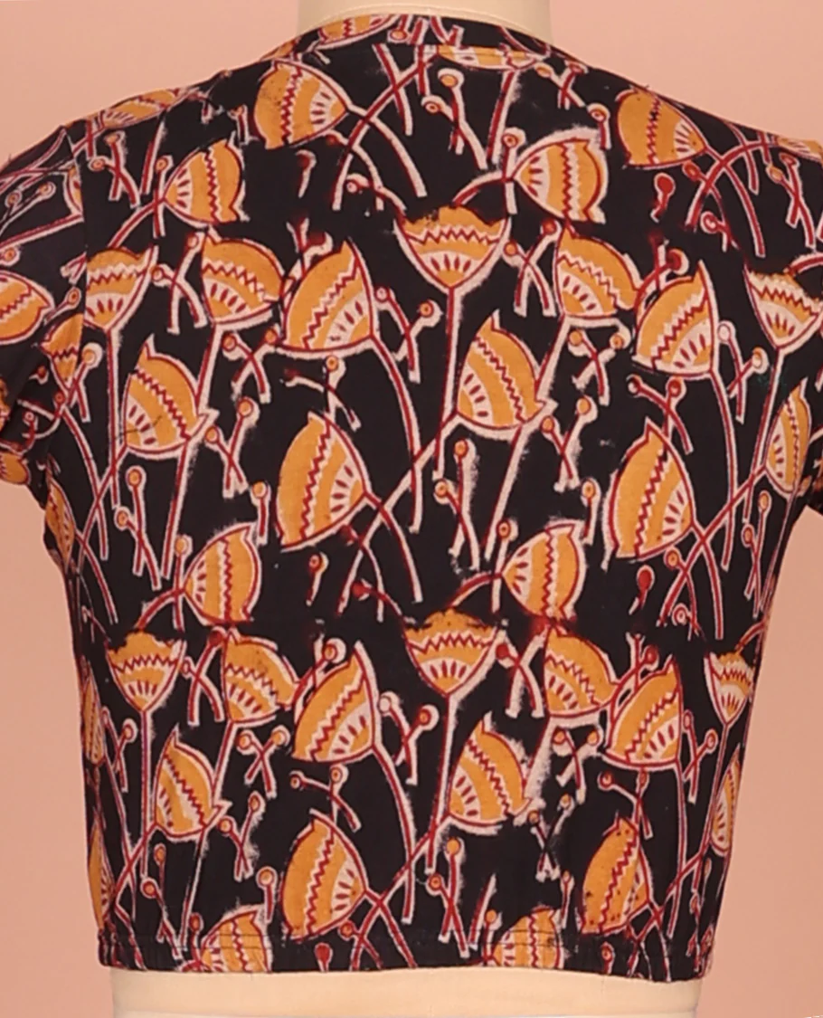 Black Cotton Readymade Blouse Graced with All-Over Floral Motifs Print, Featuring a Front Leaf-Neck, a Closed Back Neck, and Elbow Sleeves - Image 4