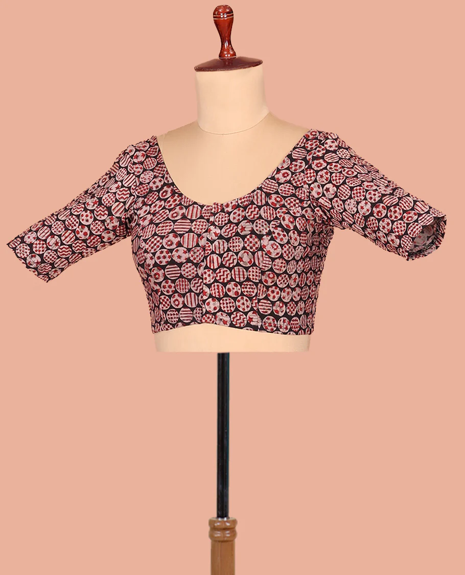 Black Cotton Readymade Blouse Gracefully Embellished with All-Over Geometric Motifs Print, Featuring a Front Round-Neck, a Back Round-Neck, and Elbow Sleeves