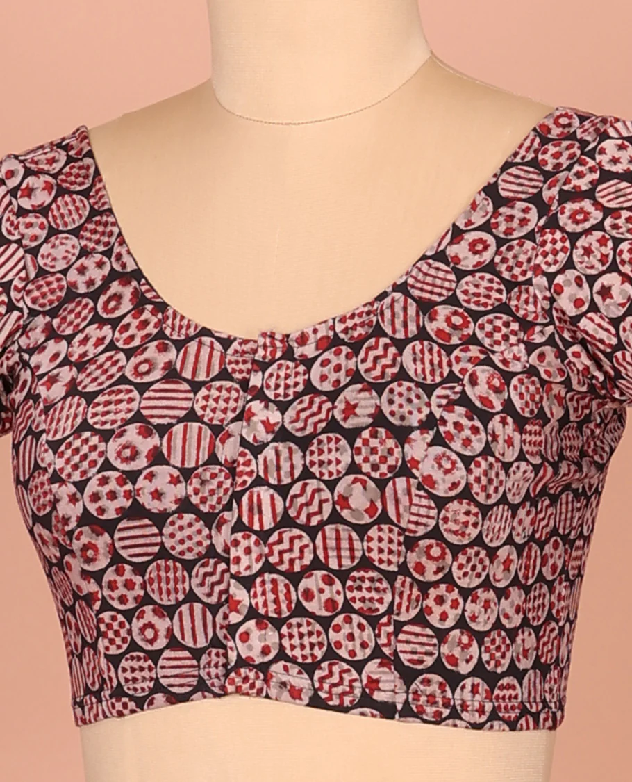 Black Cotton Readymade Blouse Gracefully Embellished with All-Over Geometric Motifs Print, Featuring a Front Round-Neck, a Back Round-Neck, and Elbow Sleeves - Image 2