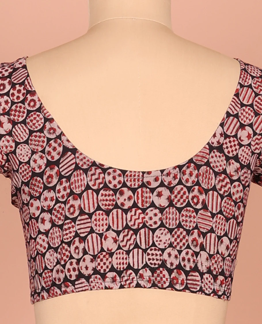 Black Cotton Readymade Blouse Gracefully Embellished with All-Over Geometric Motifs Print, Featuring a Front Round-Neck, a Back Round-Neck, and Elbow Sleeves - Image 3