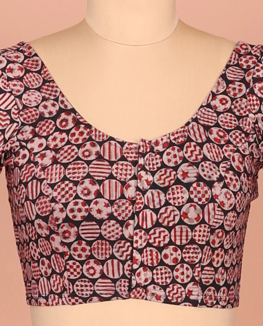 Black Cotton Readymade Blouse Gracefully Embellished with All-Over Geometric Motifs Print, Featuring a Front Round-Neck, a Back Round-Neck, and Elbow Sleeves - Image 4