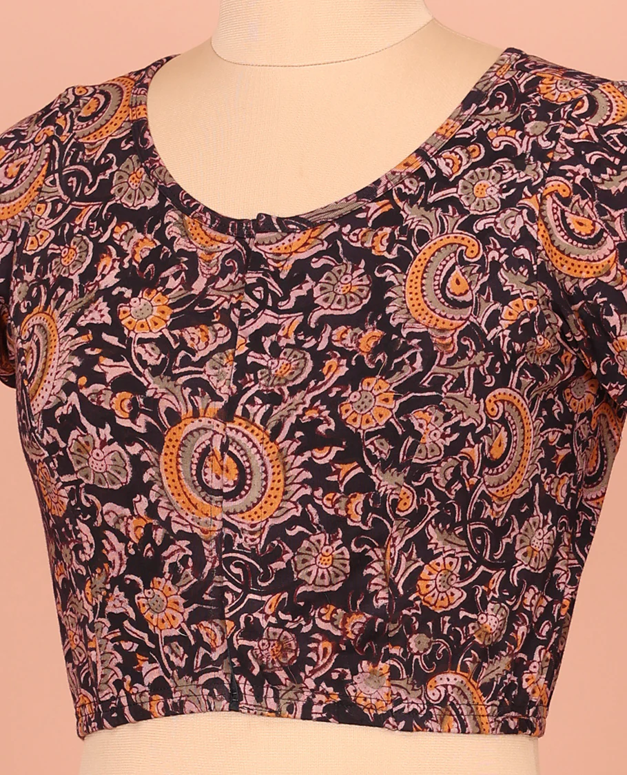 Black Cotton Readymade Blouse Majestically Detailed with All-Over Floral Vine Print, Front High-Neck, Back High Neck, and Elbow Sleeves - Image 3