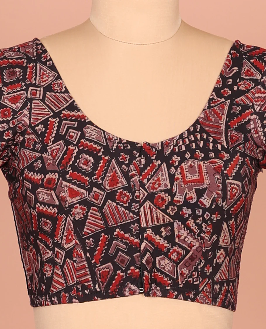 Black Cotton Readymade Blouse Subtly Printed with All-Over Geometric and Elephant Print, Featuring a Front Round-Neck, a Back Round-Neck, and Elbow Sleeves - Image 3