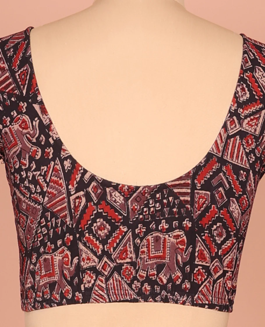 Black Cotton Readymade Blouse Subtly Printed with All-Over Geometric and Elephant Print, Featuring a Front Round-Neck, a Back Round-Neck, and Elbow Sleeves - Image 4