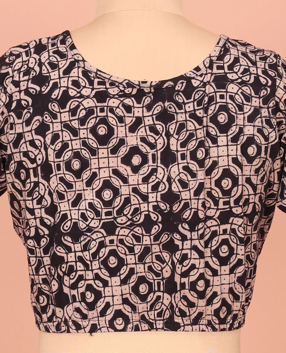 Black Cotton Readymade Blouse Subtly Sparked with All-Over Kolam Motifs Print, Featuring a Front Round-Neck, a Closed Back Neck, and Elbow Sleeves - Image 4
