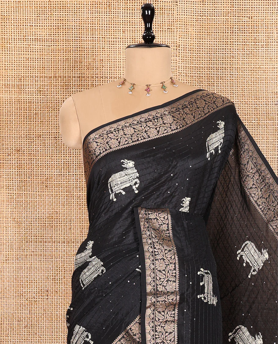 Black Dola Silk Saree Featuring Sequin Stripes and Pichwai Cow Motifs, Decorated with a Floral Creeper Zari-Woven Border, a Printed Pallu, Paired with a Matching Blouse - Image 2