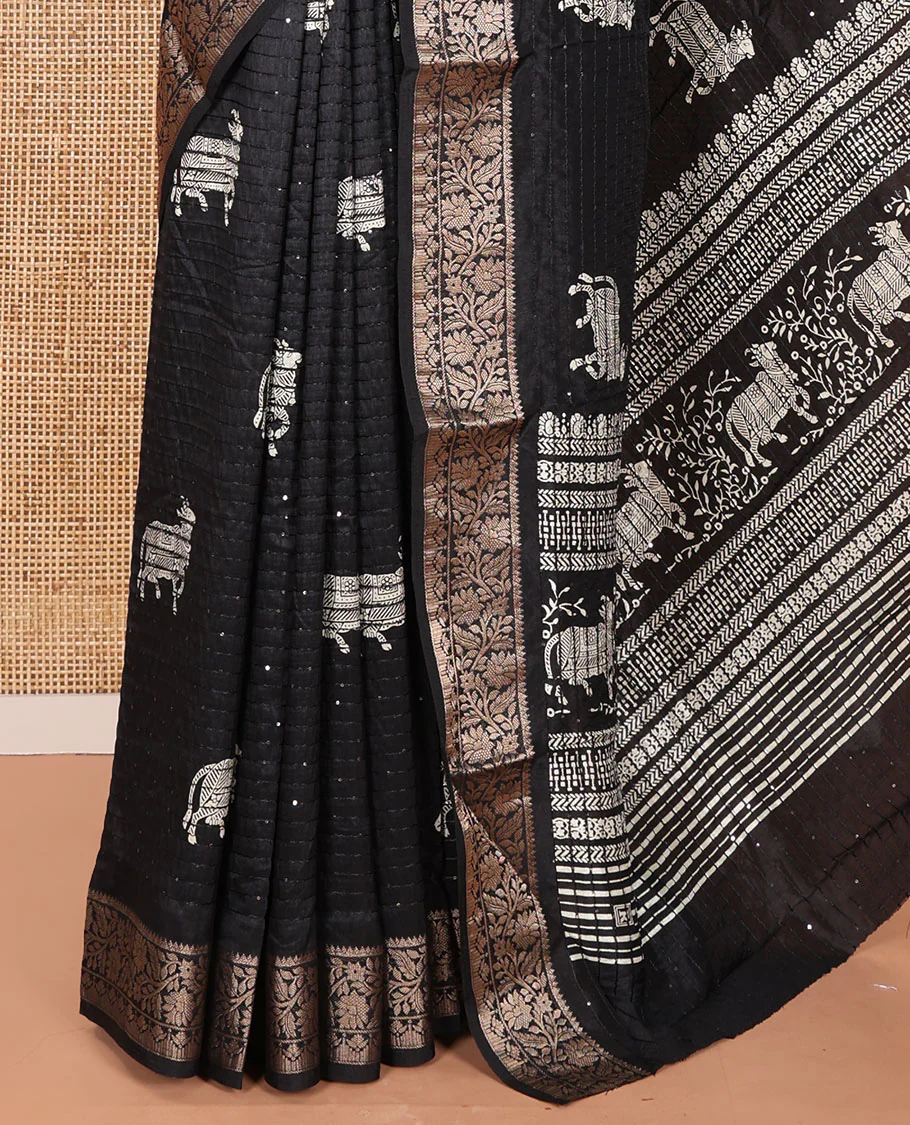 Black Dola Silk Saree Featuring Sequin Stripes and Pichwai Cow Motifs, Decorated with a Floral Creeper Zari-Woven Border, a Printed Pallu, Paired with a Matching Blouse - Image 3