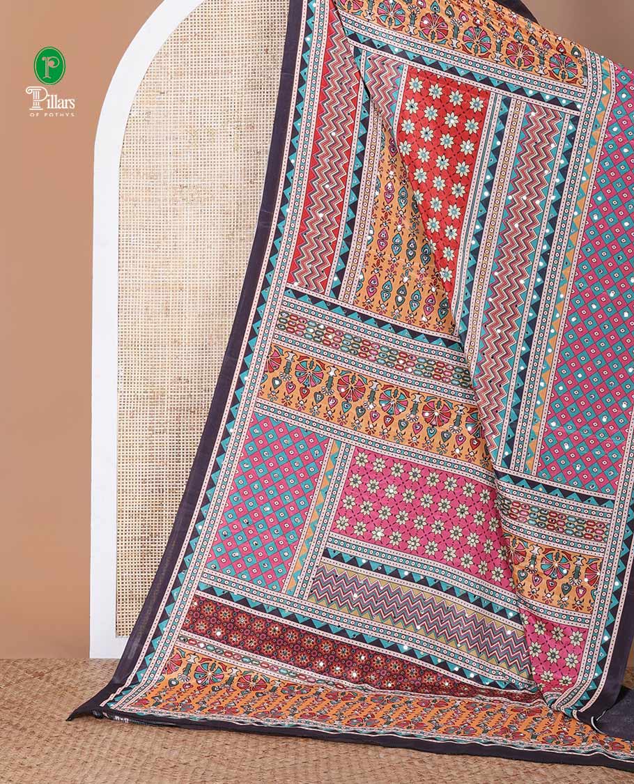 Black floral & geometric print & mirror work masakali saree,self-border & pallu of print & mirror work, printed blouse - Image 2