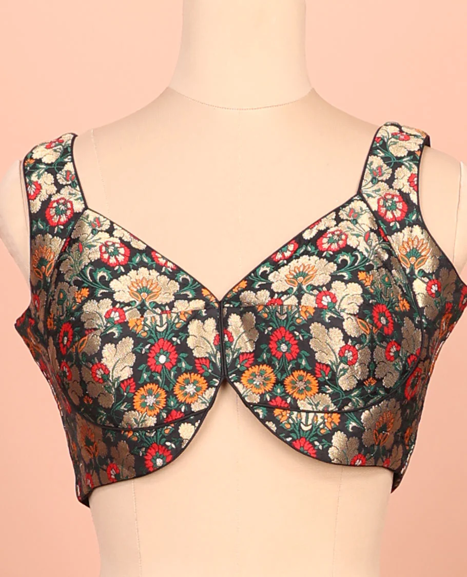 Black floral meenakari jacquard front-back V-neck sleeveless readymade blouse - Image 3