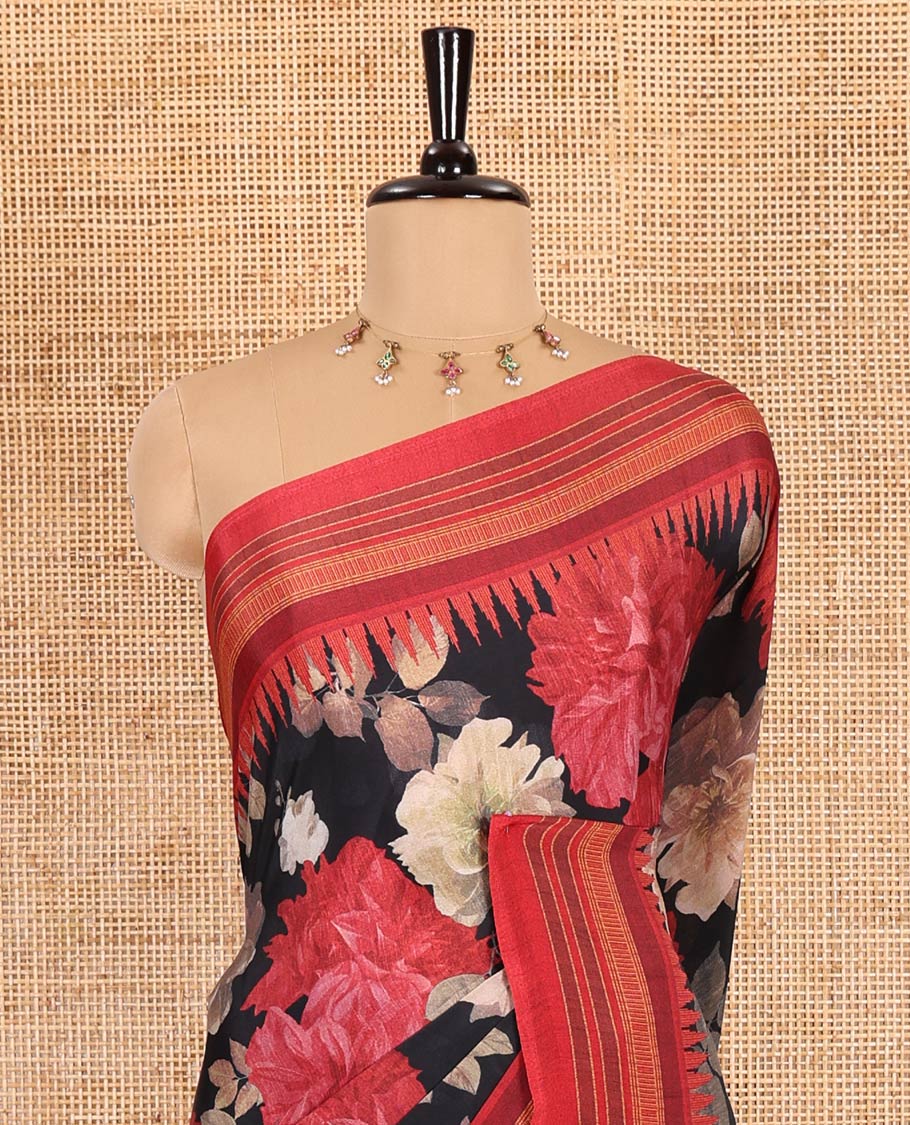 Black floral printed Italian crepe saree, contrast temple printed border, striped pallu, and a printed bordered blouse - Image 3