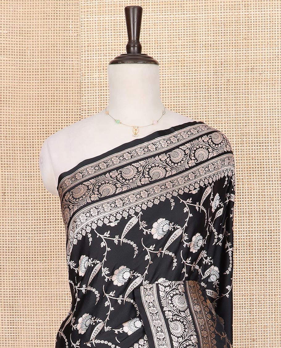 Black floral vine jacquard mushru silk saree, floral-paisley design zari border, and intricate pallu - Image 3