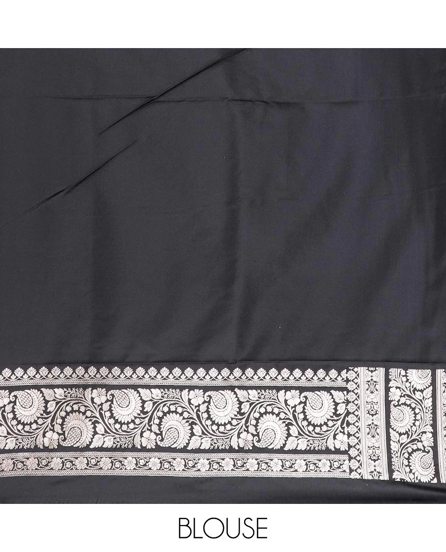 Black floral vine jacquard mushru silk saree, floral-paisley design zari border, and intricate pallu - Image 4