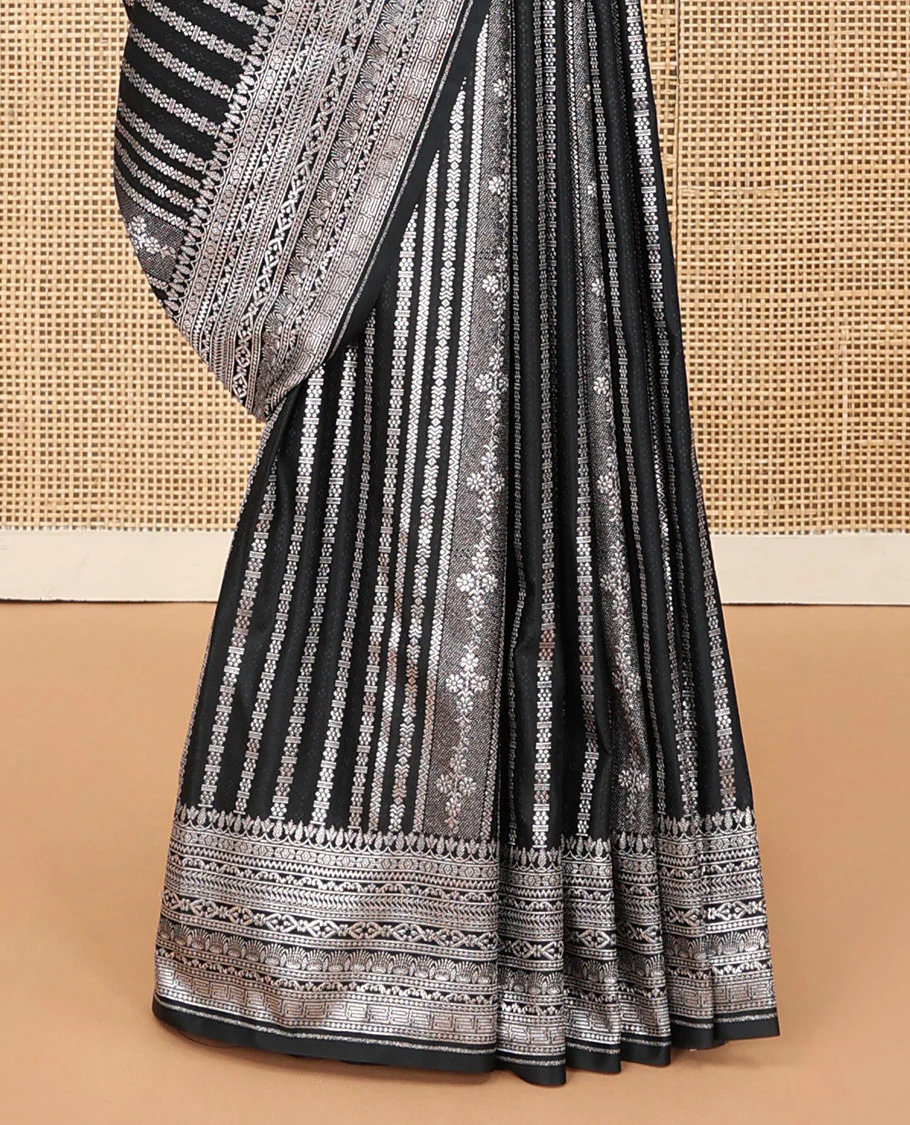 Black geometric jacquard satin silk saree, zari border and pallu steeped with traditional zari designs - Image 5