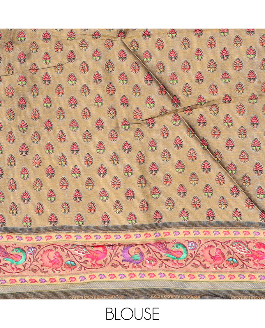 Black grey color floral vine printed dola silk saree, contrast floral and bird printed border, and pallu - Image 5