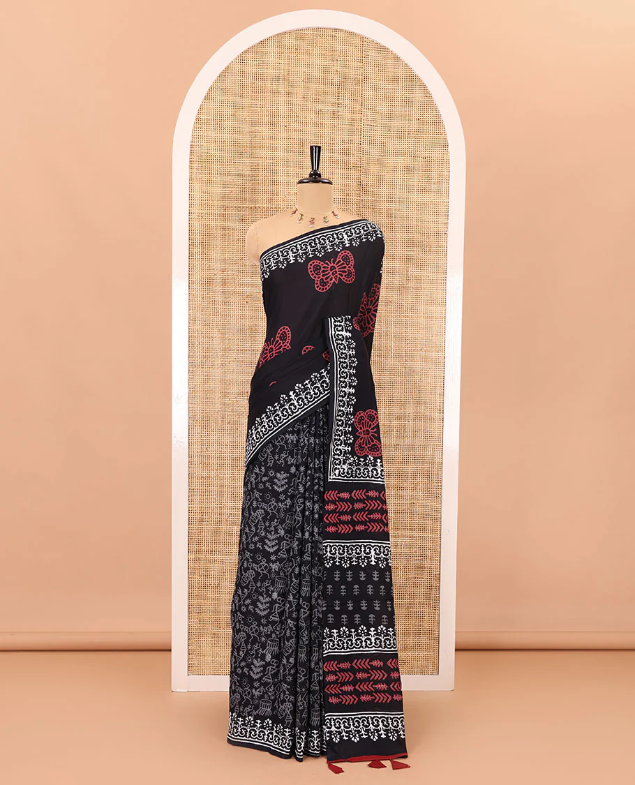 Black half-and-half style butterflies and warli theme  block printed soft mul cotton saree, printed border, floral printed pallu, and a plain blouse - Image 2