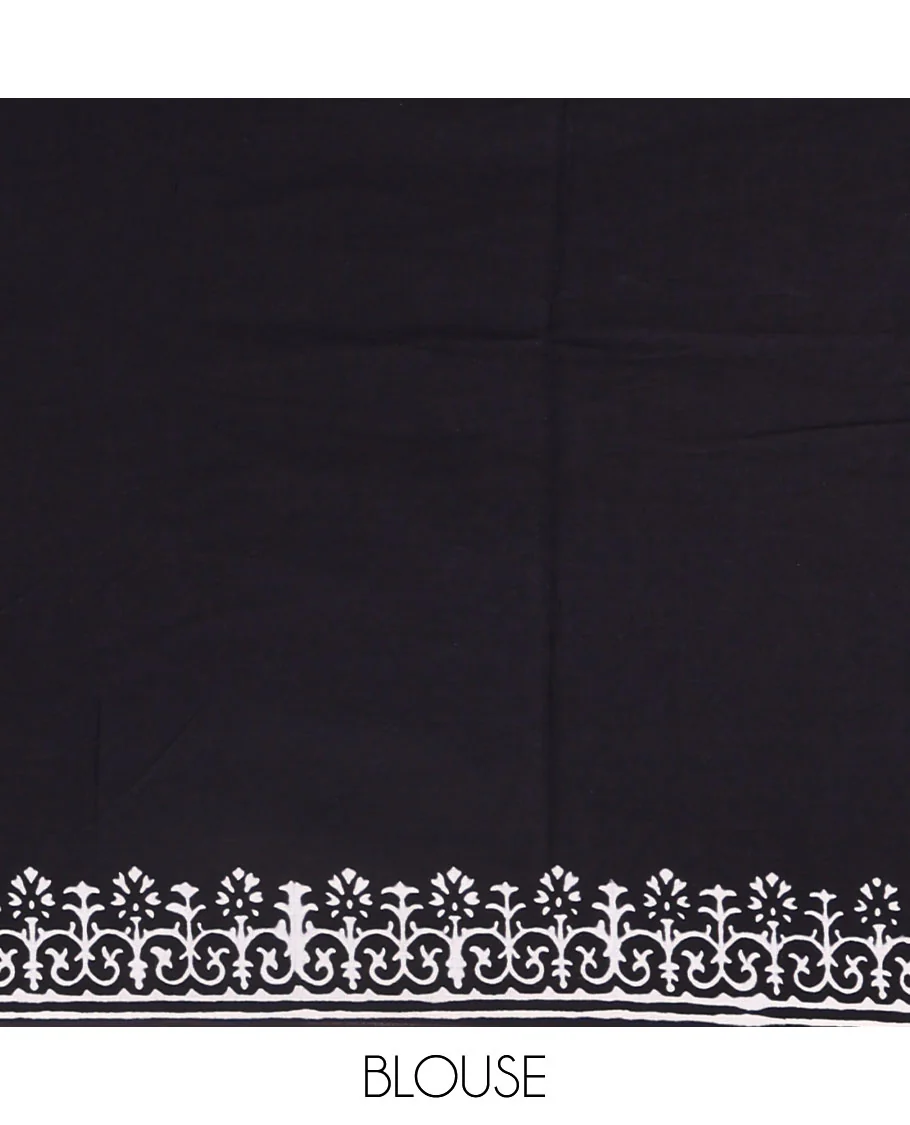 Black half-and-half style butterflies and warli theme  block printed soft mul cotton saree, printed border, floral printed pallu, and a plain blouse - Image 4