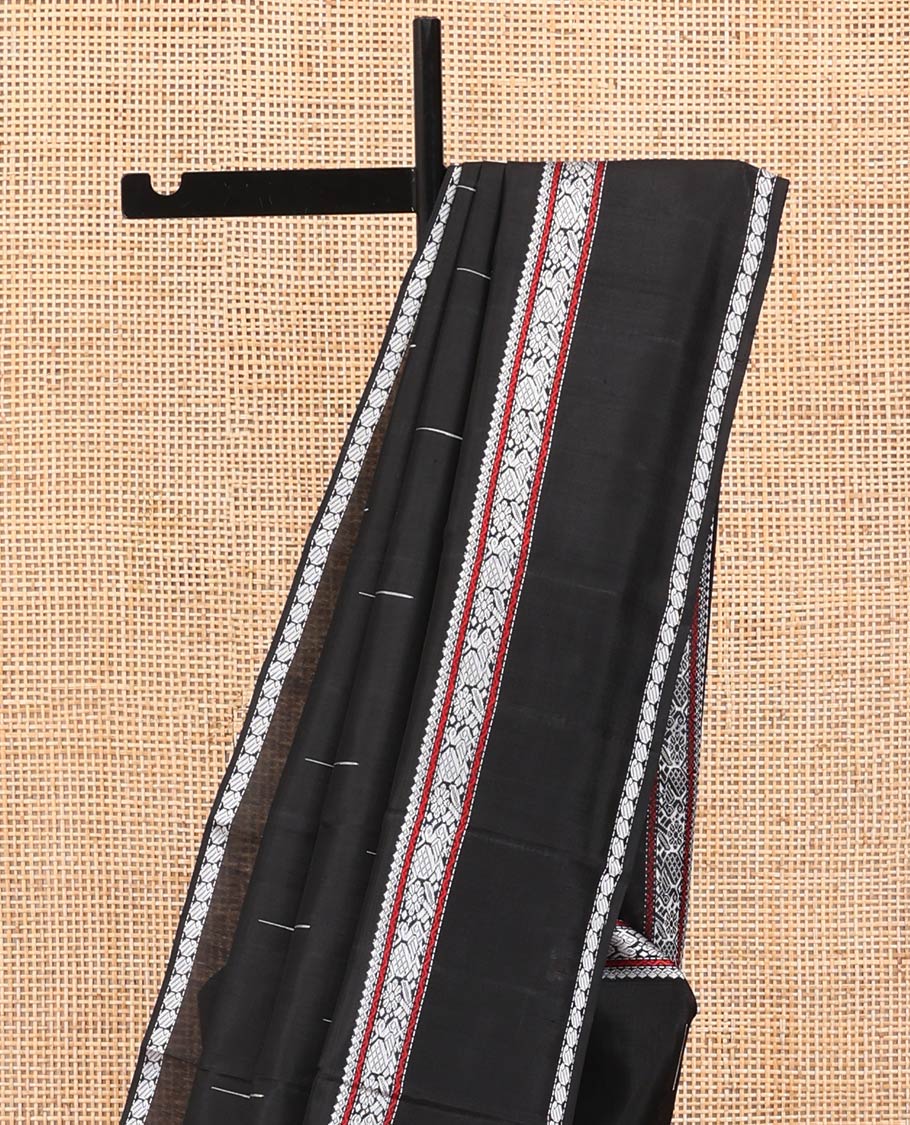 Black Kanchipuram Silk Saree, Delicately Woven with Buttas All Over Its Body, Highlighted by a Rettai Pettu Border of Thilakam Mokku, Neli, Mayil, and Manga Designs, Pallu Steeped with Stripes, and Paired with a Matching Blouse - Image 3