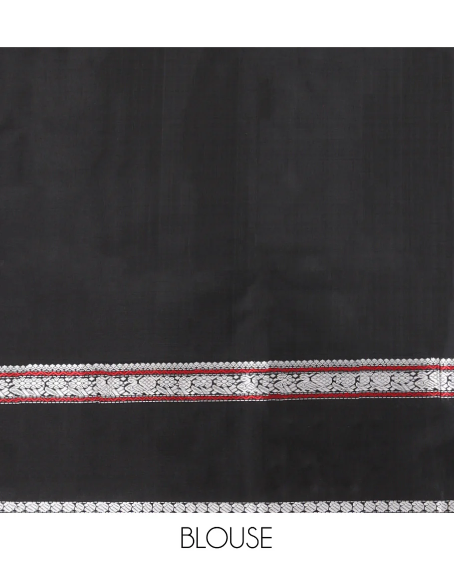 Black Kanchipuram Silk Saree, Delicately Woven with Buttas All Over Its Body, Highlighted by a Rettai Pettu Border of Thilakam Mokku, Neli, Mayil, and Manga Designs, Pallu Steeped with Stripes, and Paired with a Matching Blouse - Image 6